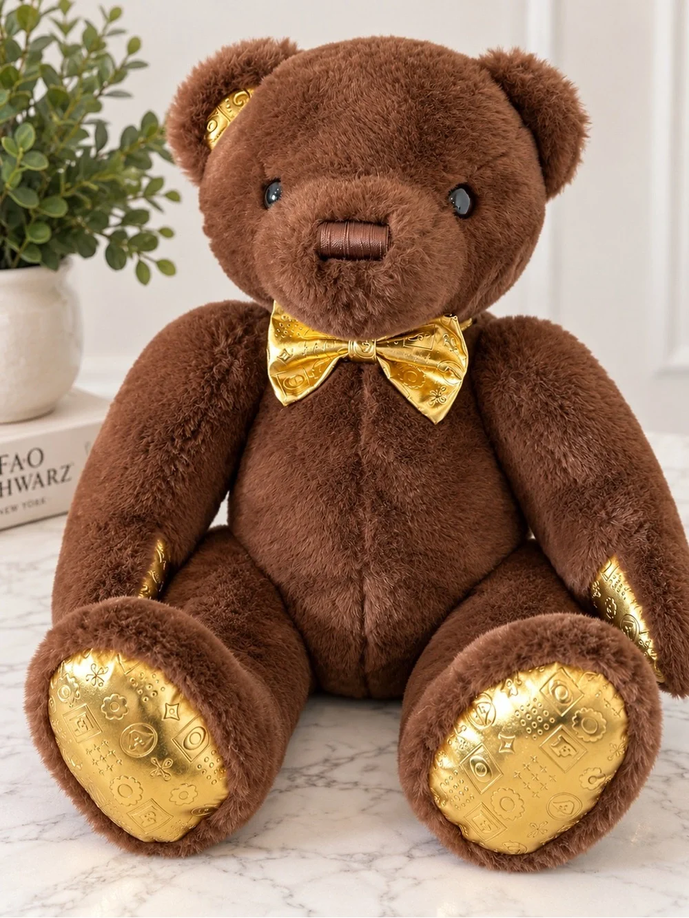 FAO Schwarz Teddy Bear 17” Brown Plush Gold Bow & Paws Stuffed Animal 202